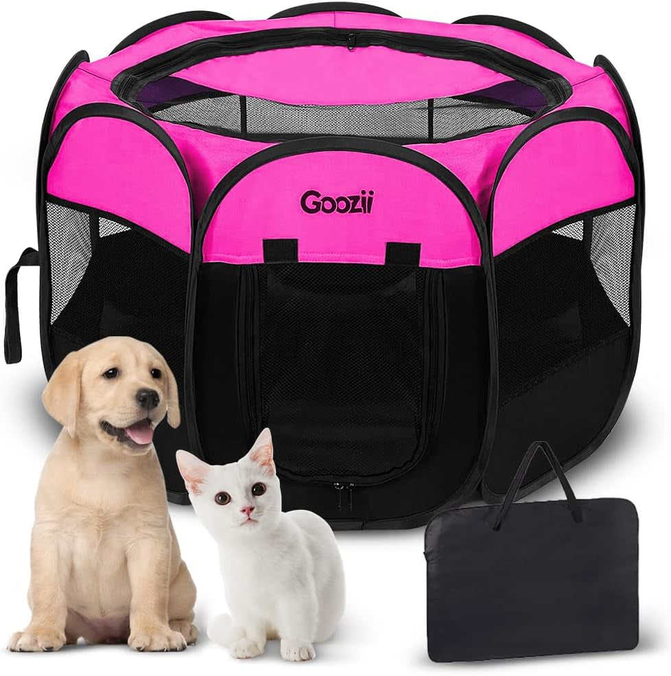 Portable Large Pet Cat Playpen for Indoor Outdoor Cats, Foldable Big Dog Playpen Tent Kennel Crate with Cover Enclosed for House Puppy Travel Camping (Large Size, Pink)