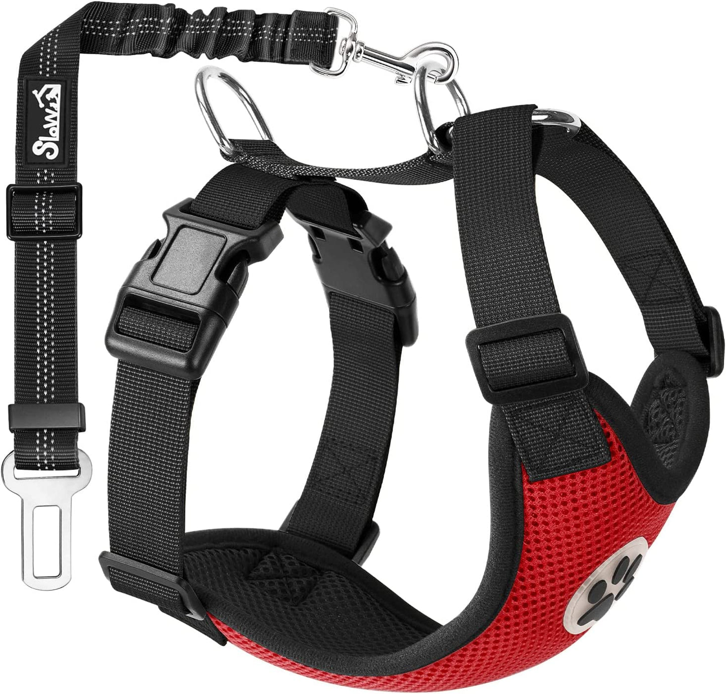 Slowton Dog Seat Belt Harness for Car, Dog Car Harness Adjustable Mesh Breathable & Dog Seatbelt Safety Tether with Elastic Bungee for Small Medium Large Pets(Red, Single Clip, S)