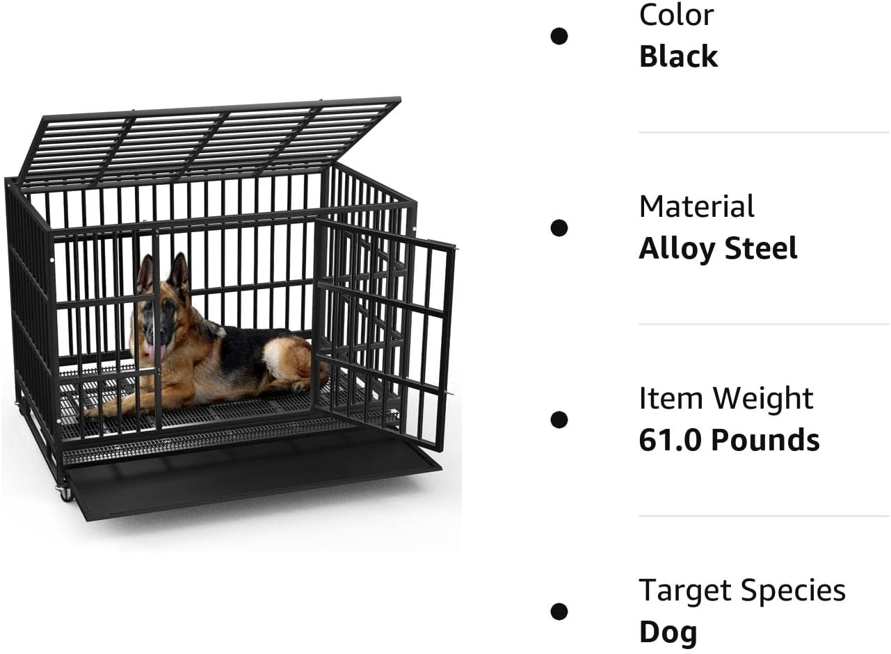 LEMBERI 48/38 Inch Heavy Duty Indestructible Dog Crate, Escape Proof Dog Cage Kennel with Lockable Wheels,High Anxiety Double Door Dog Crate,Extra Large Crate Indoor for Large Dog with Removable Tray