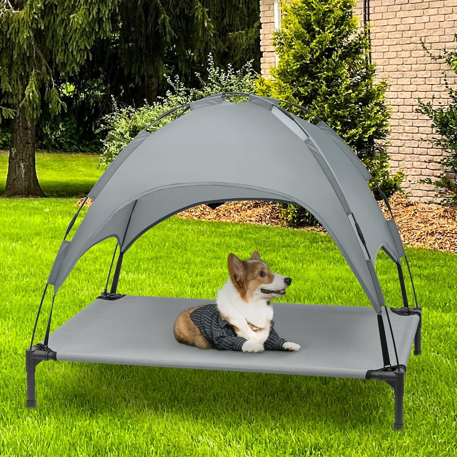 Heeyoo Elevated Dog Bed with Canopy, Outdoor Dog Cot with Removable Canopy Shade Tent, Portable Raised Pet Cot Cooling Bed for Dogs and Cats