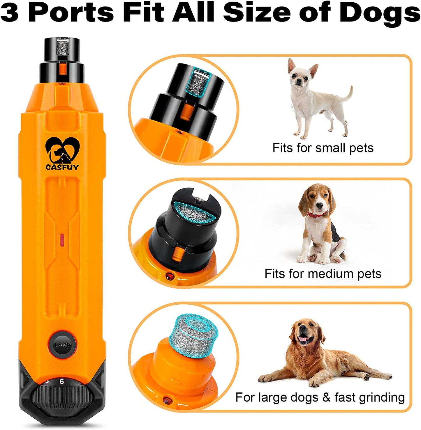 Casfuy 6-Speed Dog Nail Grinder - Newest Enhanced Pet Nail Grinder Super Quiet Rechargeable Electric Dog Nail Trimmer Painless Paws Grooming & Smoothing Tool for Large Medium Small Dogs (Orange)