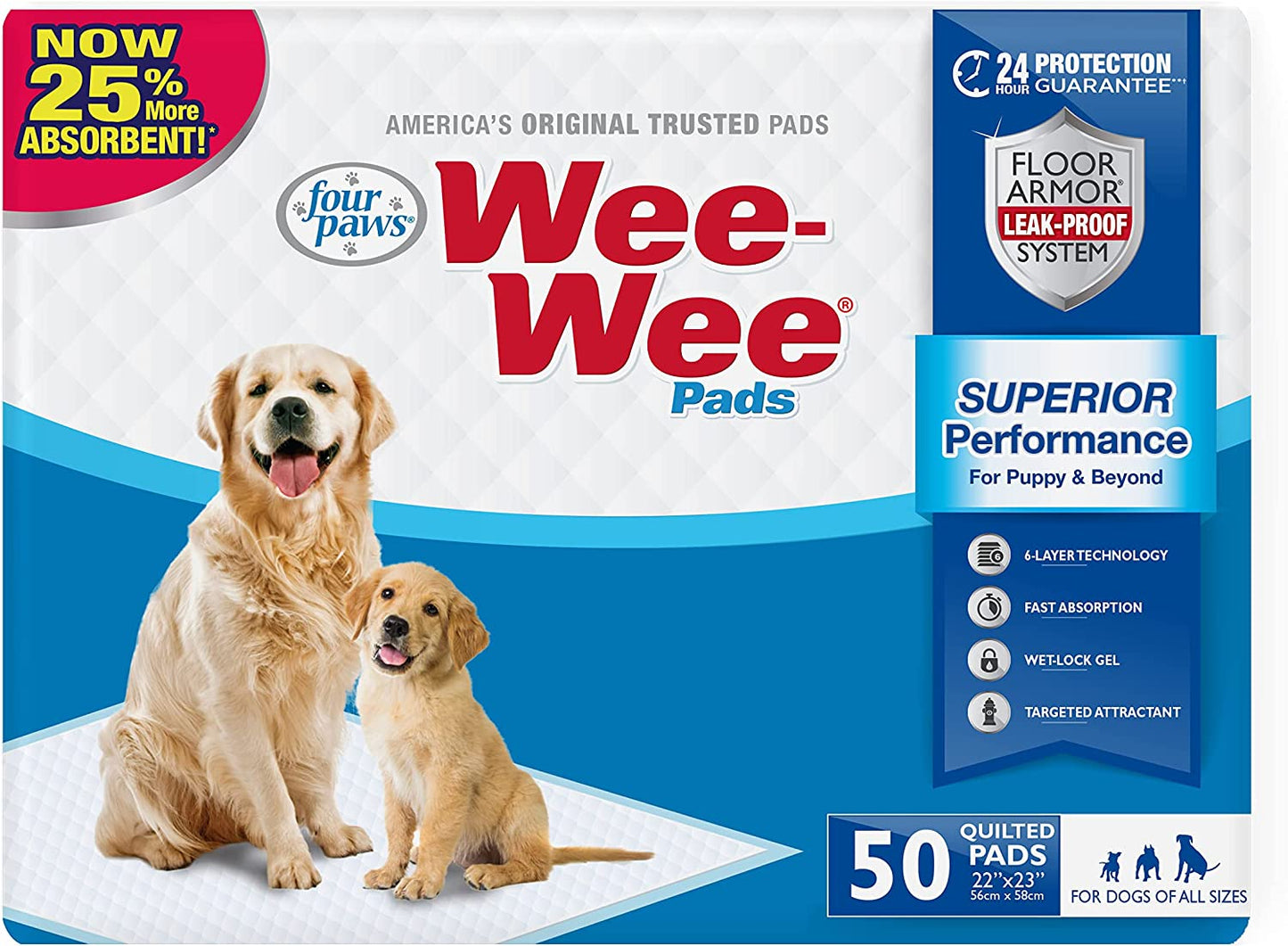 Four Paws Wee-Wee Superior Performance Pee Pads for Dogs - Dog & Puppy Pads for Potty Training - Dog Housebreaking & Puppy Supplies - 22" X 23" (50 Count)