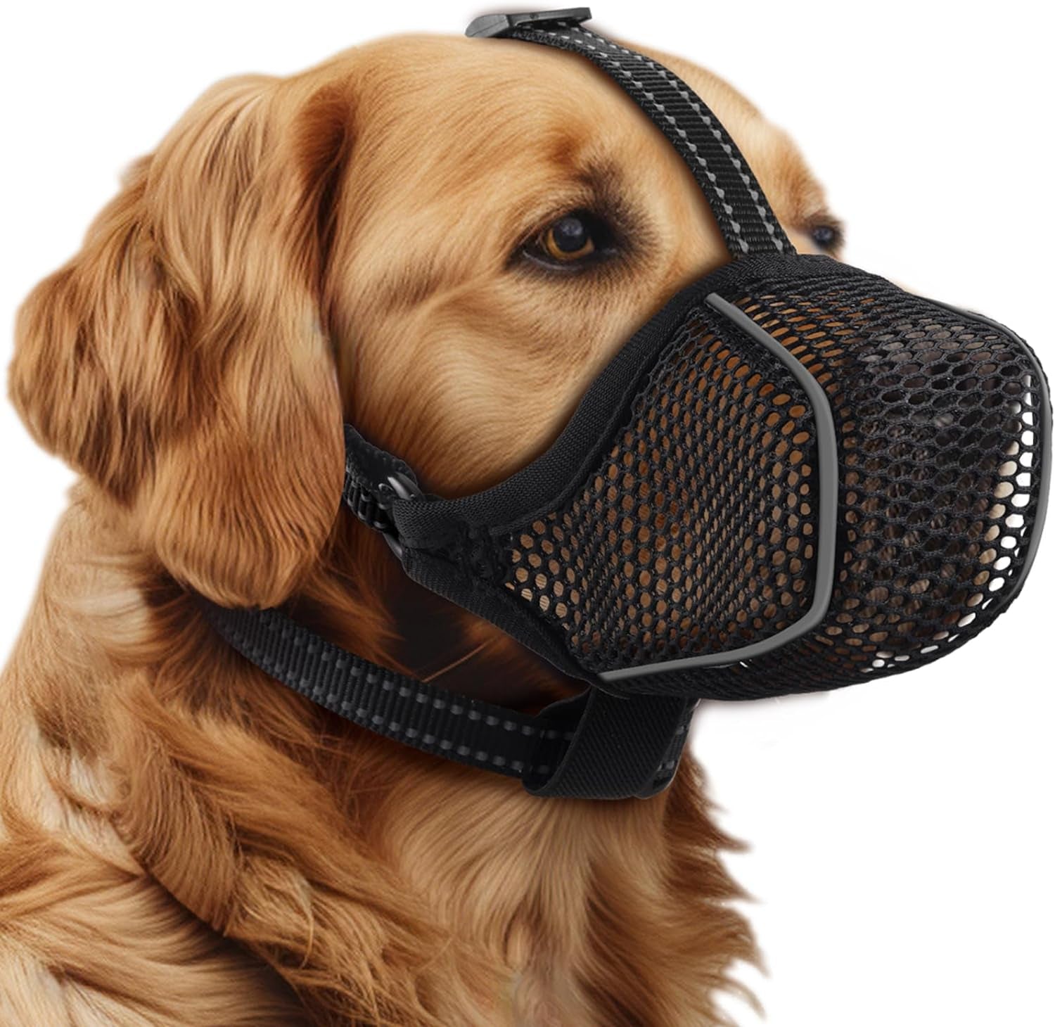 Dog Muzzle,Mesh Soft Muzzle for Small Medium Large Sized Dogs, Breathable Reflective Adjustable Puppy Muzzles with Collar for Scavenging Grooming Biting Chewing,Allows Panting and Drinking