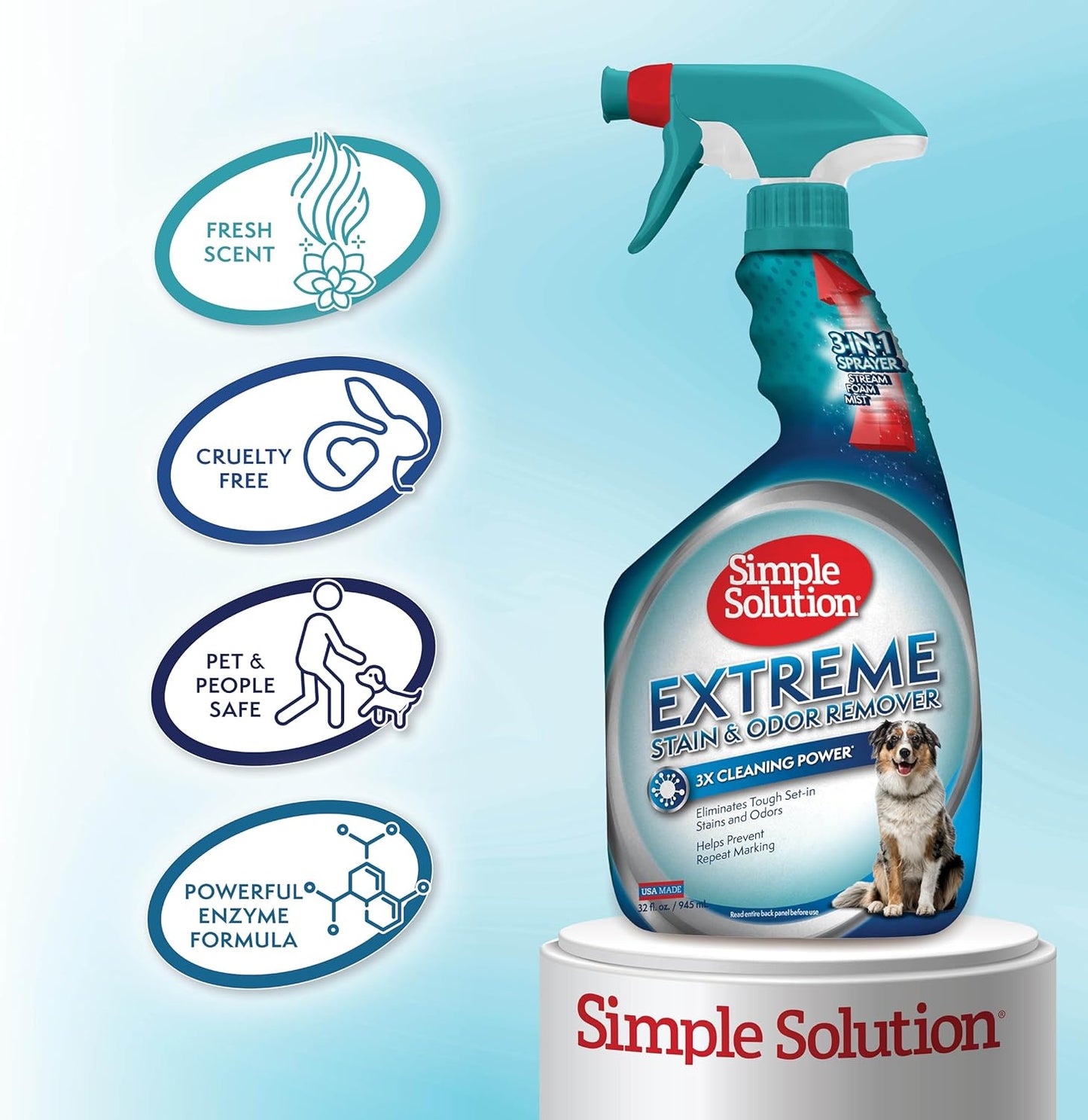 Simple Solution Extreme Pet Stain and Odor Remover, Enzymatic Cleaner with 3X Pro-Bacteria Cleaning Power, 32 Ounces