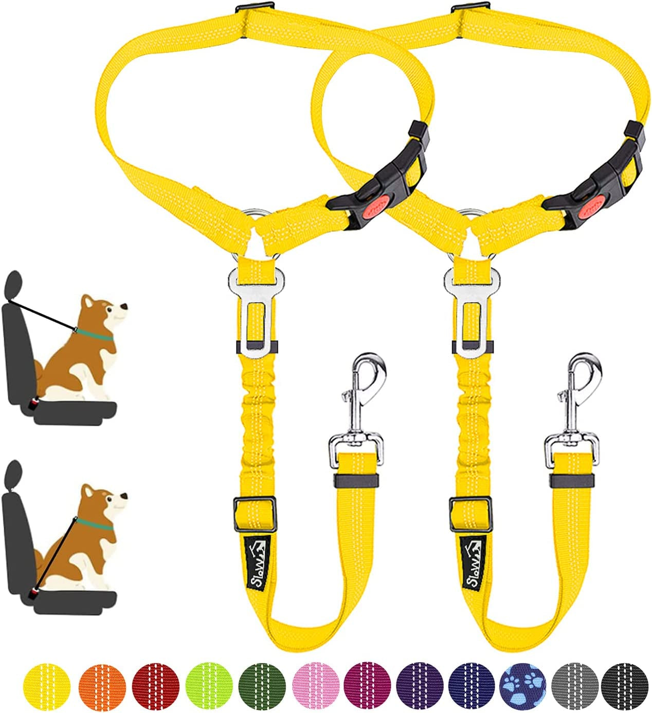 Slowton Dog Seat Belt for Car, 2 Pack Dog Car Harness Seatbelt Adjustable with Elastic Bungee Buffer, 2 in 1 Pet Car Leash Headrest Restraint Dog Reflective Safety Tether (Yellow, Headrest+Clip)