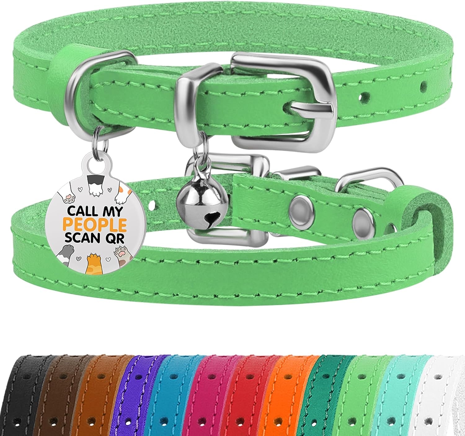 BRONZEDOG Leather Cat Collar with Bell Non Breakaway Kitten QR Tag for Girl Boy (9" - 12" Cats/Mini Dogs, Green & Silver)