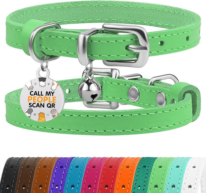 BRONZEDOG Leather Cat Collar with Bell Non Breakaway Kitten QR Tag for Girl Boy (7" - 9" for Cats, Green & Silver)