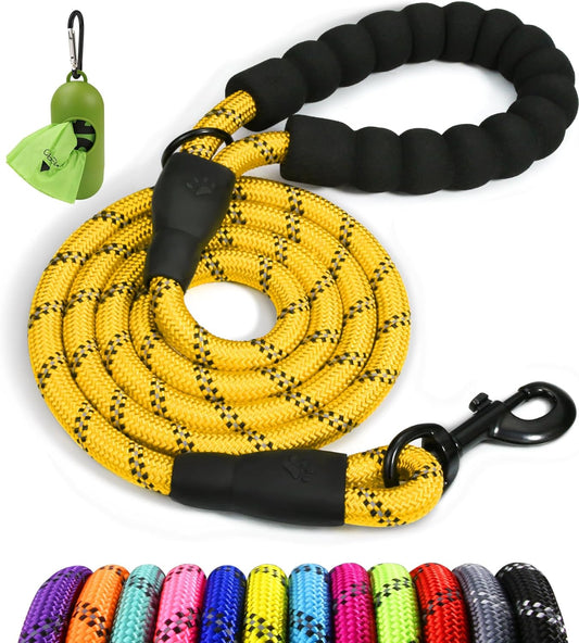 Taglory Rope Dog Leash 4 FT with Comfortable Padded Handle, Highly Reflective Threads Dog Leash for Medium Large Dogs, 1/2 Inch, Yellow