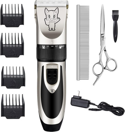 Dog Grooming Kit Clippers, Low Noise, Electric Quiet, Rechargeable, Cordless, Pet Hair Thick Coats Clippers Trimmers Set, Suitable for Dogs, Cats, and Other Pets (Silver)