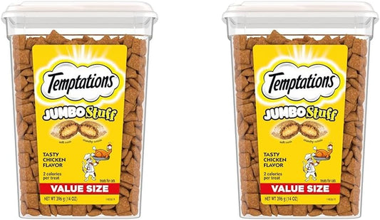 Temptations Jumbo Stuff Crunchy and Soft Cat Treats, Tasty Chicken Flavor, 14 Oz. Tub, (Pack of 2)