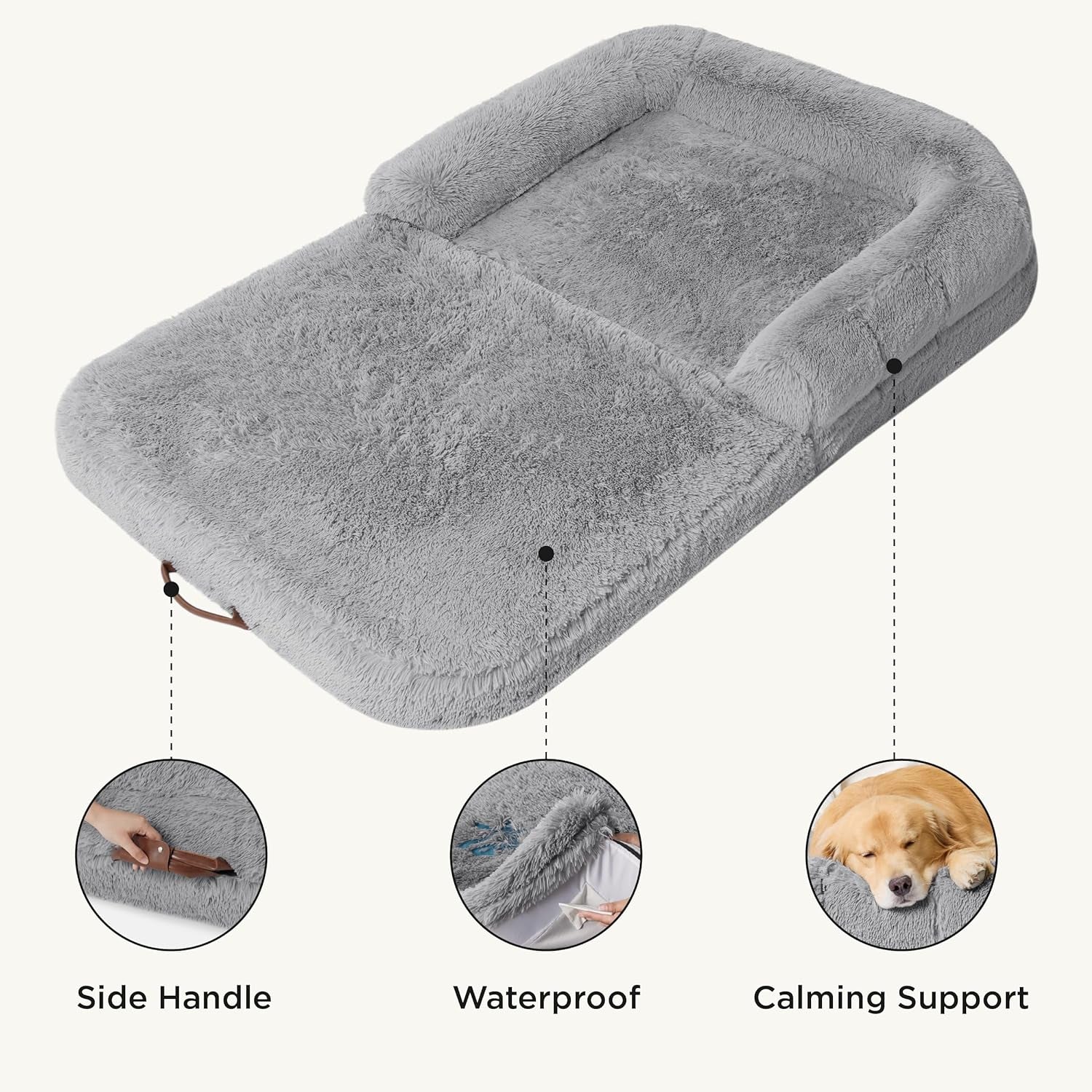 Bedsure Foldable Human Dog Bed for People Adults, 2 in 1 Calming Human Size Giant Dog Bed Fits Pet Families with Egg Foam Supportive Mat and Waterproof Liner, Faux Fur Orthopedic Dog Sofa, Camel