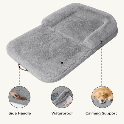 Bedsure Foldable Human Dog Bed for People Adults, 2 in 1 Calming Human Size Giant Dog Bed Fits Pet Families with Egg Foam Supportive Mat and Waterproof Liner, Faux Fur Orthopedic Dog Sofa, Black