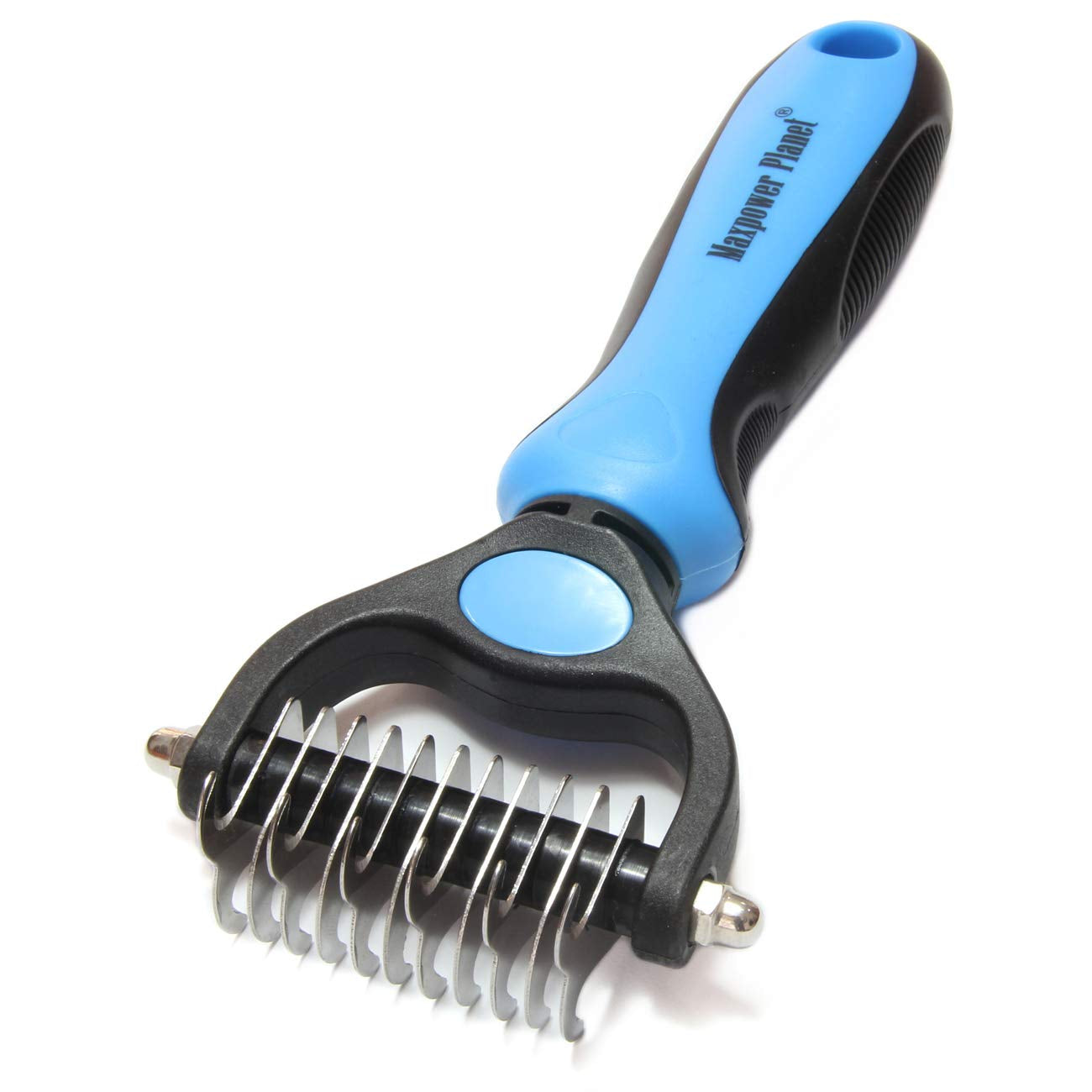 Maxpower Planet Pet Grooming Brush - Double Sided Shedding, Dematting Undercoat Rake for Dogs, Cats. Extra Wide Dog Grooming Brush, Dog Brush for Shedding, Cat Brush, Reduce Shedding by 95% (Blue, S)