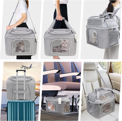 Large Cat Carrier for 2 Cats, OEKO-TEX Certified Soft Side Pet Carrier for Cat, Small Dog, Collapsible Travel Small Dog Carrier, TSA Airline Approved Cat Carrier for Kitten Cats 20 Lbs-Gray