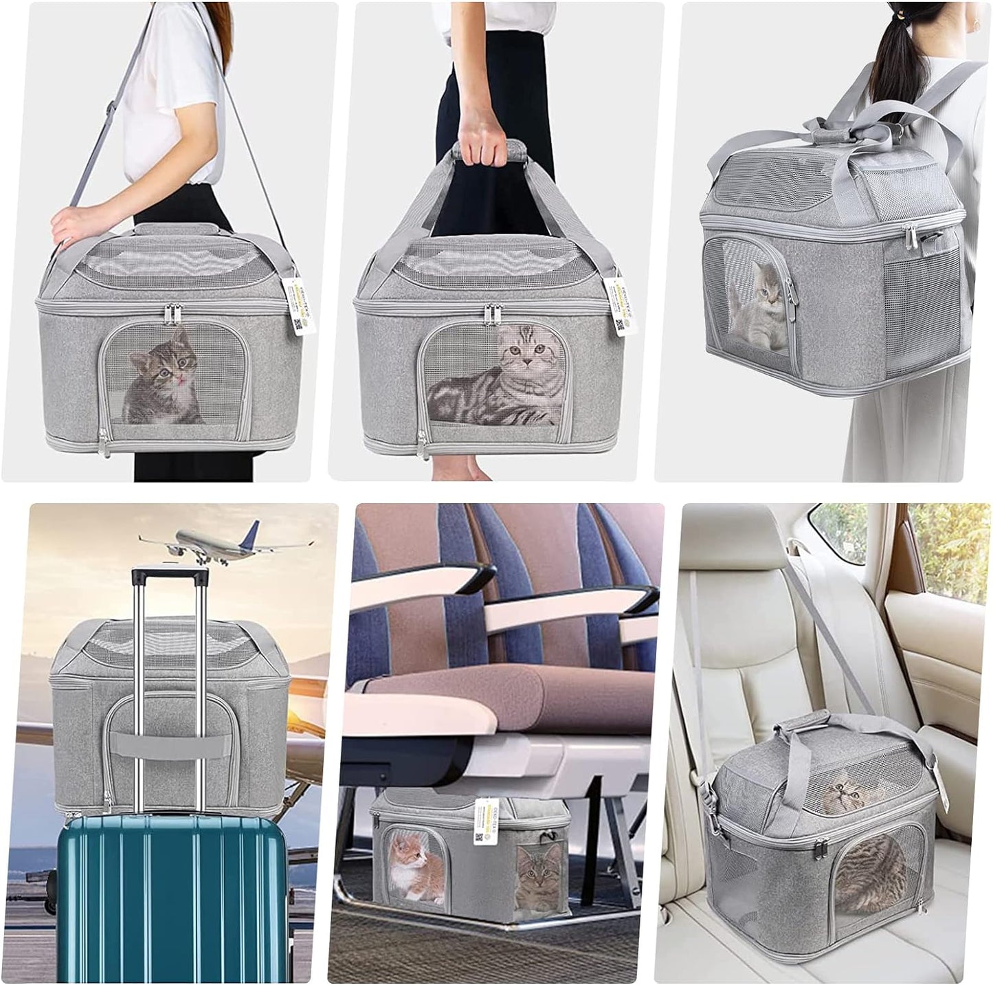 Large Cat Carrier for 2 Cats, Soft Side Pet Carrier for Cats Small Dog, Collapsible Travel Dog Carrier Bag, OEKO-TEX Certified TSA Airline Approved Cat Carrier Backpack for Cats 20 Lbs (Gray)