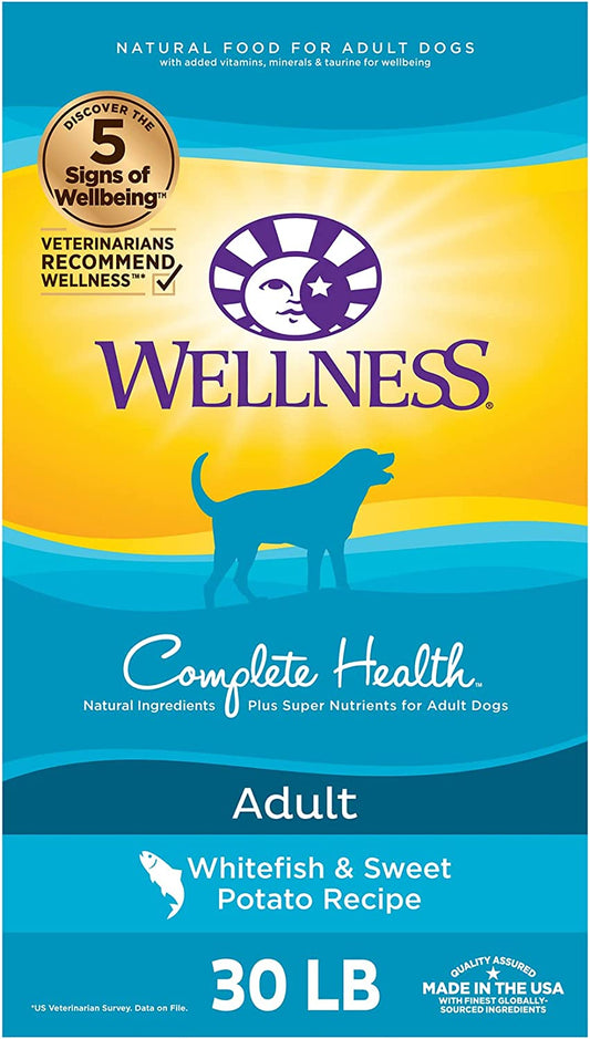 Wellness Complete Health Dry Dog Food with Grains, Made in USA with Real Meat & Natural Ingredients, All Breeds, Adult Dogs (Whitefish, 30-Lb) – with Nutrients for Immune, Skin, & Coat Support