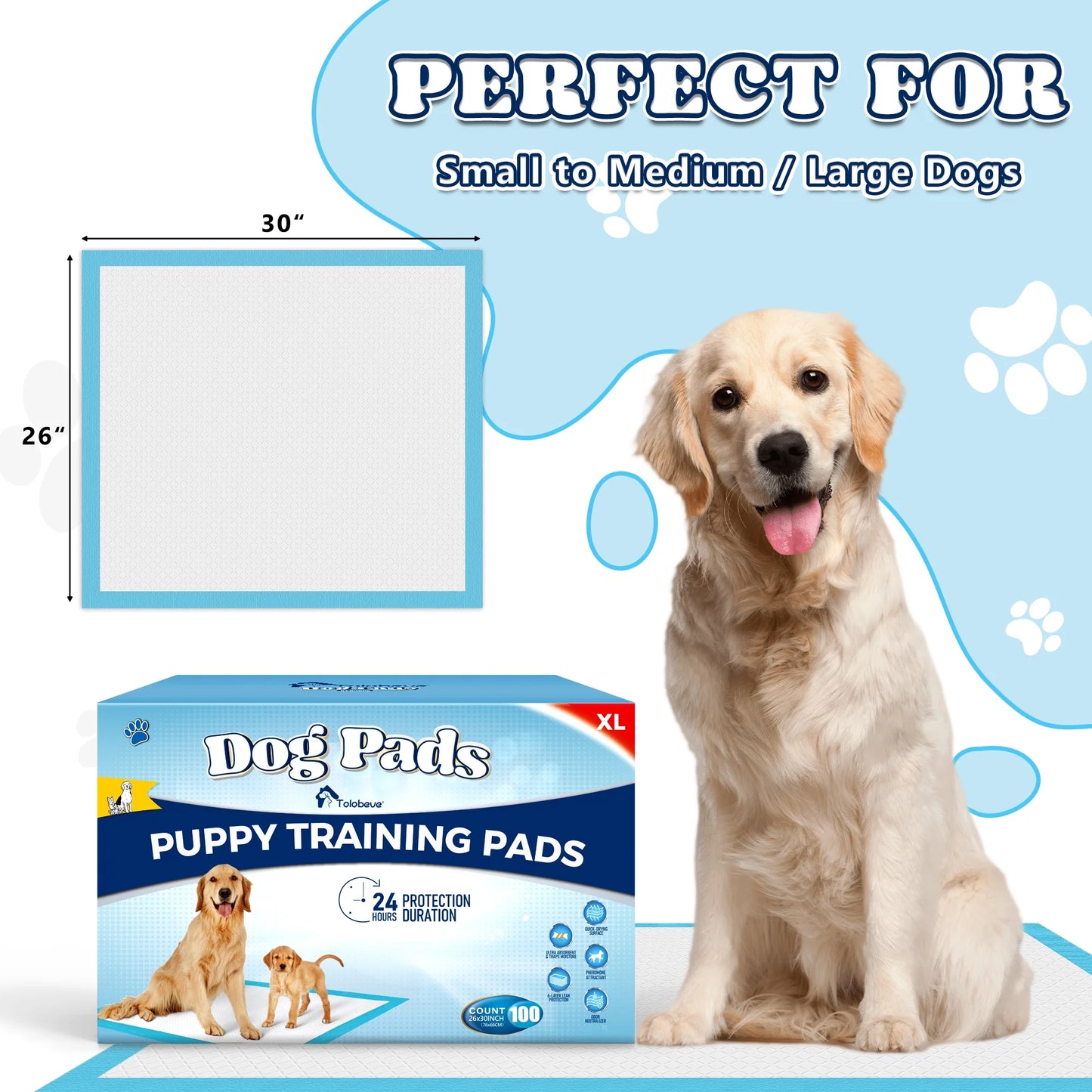 Tolobeve Dog Training Pads, XL, 26 in x 30 in, 100 Count Disposable Dog Pads, Puppy Pee Pads