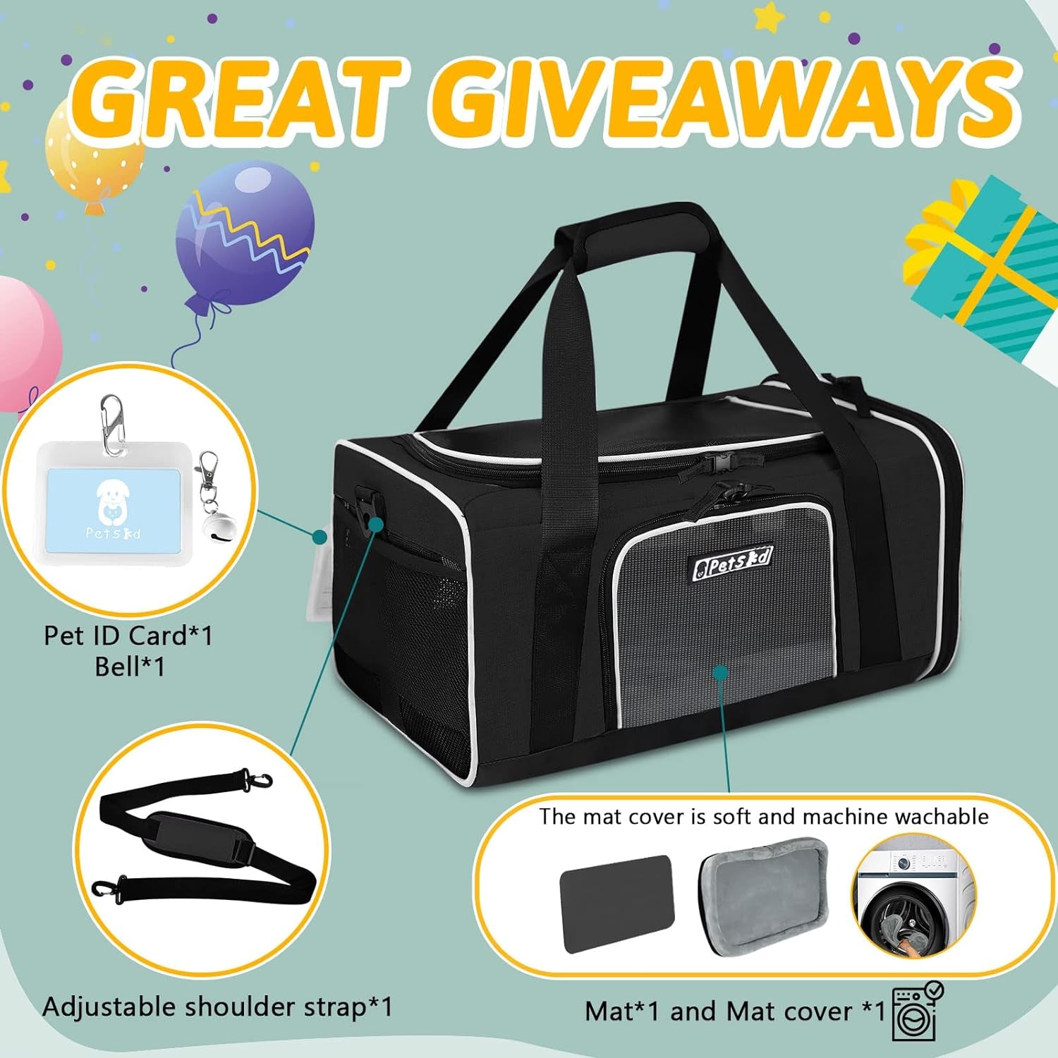 Pet Carrier with Wheels 18X12X8.5 Jetblue Allegiant Airline Approved, Soft Dog Carrier for 1-12 LBS Pets with Safety Lock Zipper(Black)