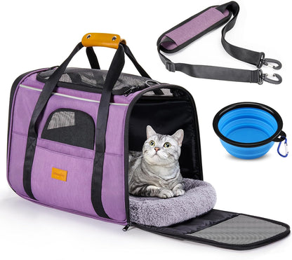 Morpilot Portable Cat Carrier - Soft Sided Cat Carrier for Medium Cats and Puppy up to 15Lbs, Pet Carrier with Locking Safety Zippers, Foldable Bowl, Airline Approved Travel Dog Carrier - Purple