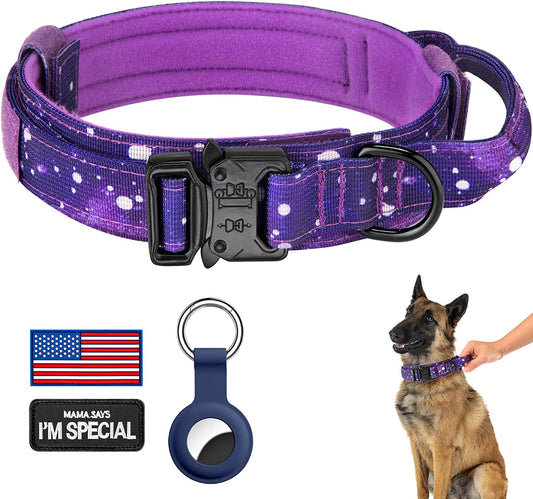 DAGANXI Tactical Dog Collar, Adjustable Military Training Nylon Dog Collar with Control Handle and Heavy Metal Buckle for Medium and Large Dogs, with Patches and Airtags Case (XL, Purple Sky)