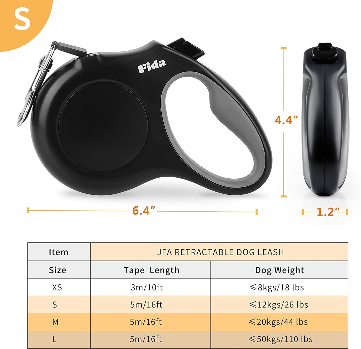 Fida Retractable Dog Leash, 16 Ft Dog Walking Leash for Medium Dogs up to 44Lbs, Tangle Free, Orange