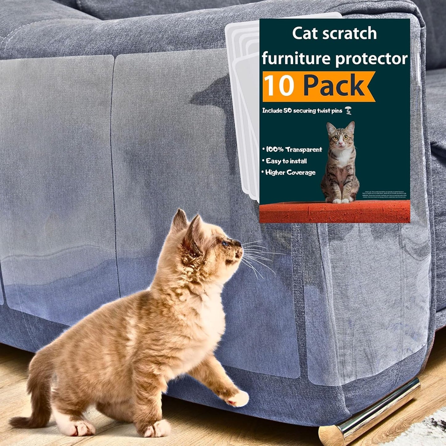 Anti Cat Scratch Furniture Protector, 10 Pack, Cat Couch Protector, Couch Protector for Cats, Furniture Protectors from Cats, Couch Cat Scratch Protector 10 Pack + 50 Twist Pins