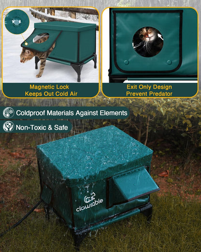 Clawsable Premium Heated Cat House for Outside in Winter, Elevated, 100% Waterproof, Safe Escape Door, Insulated Outdoor Feral Cat Shelter w/Heater for Stray Kitty