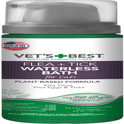 Vet'S Best Flea & Tick Waterless Bath Foam for Cats - Flea-Killing Dry Shampoo for Cats - Plant-Based Formula - Certified Natural Oils - 8 Oz