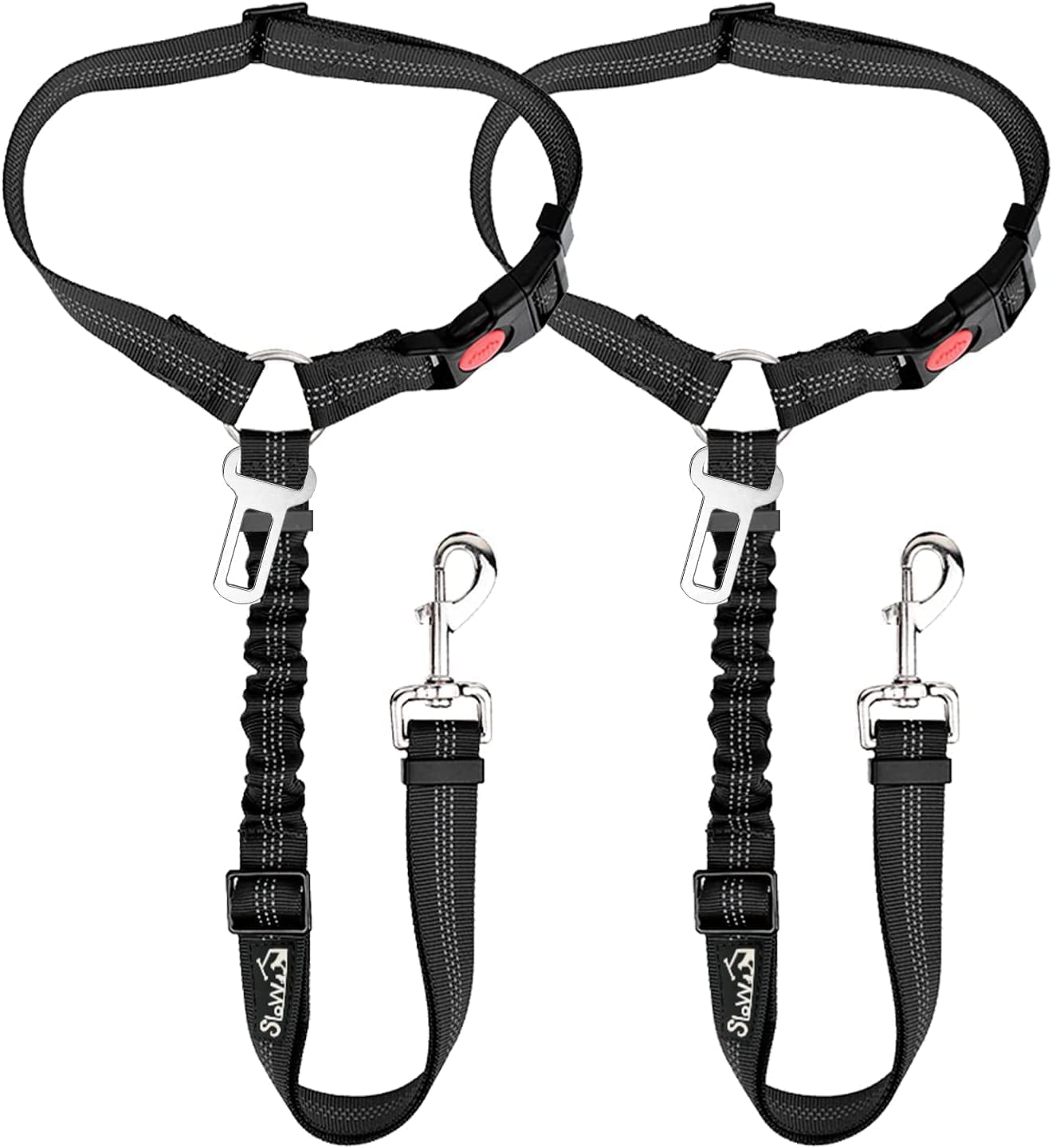 Slowton Dog Seat Belt for Car, 2 Pack Dog Car Harness Seatbelt Adjustable with Elastic Bungee Buffer, 2 in 1 Pet Car Leash Headrest Restraint Dog Reflective Safety Tether (Black, Headrest)