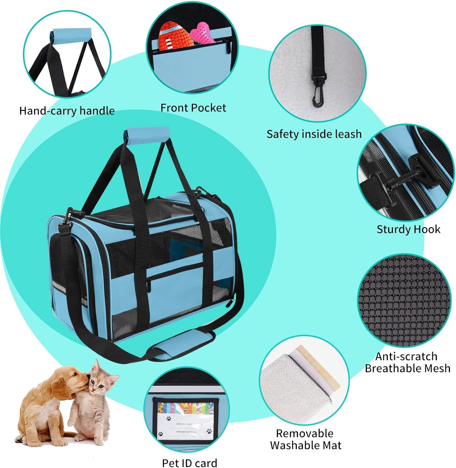 Cat Carrier Pet Carrier Airline Approved for Small Dogs Cats Puppies Collapsible Soft Sided Dog Travel Carrier Bag with Reflective Strip, Black