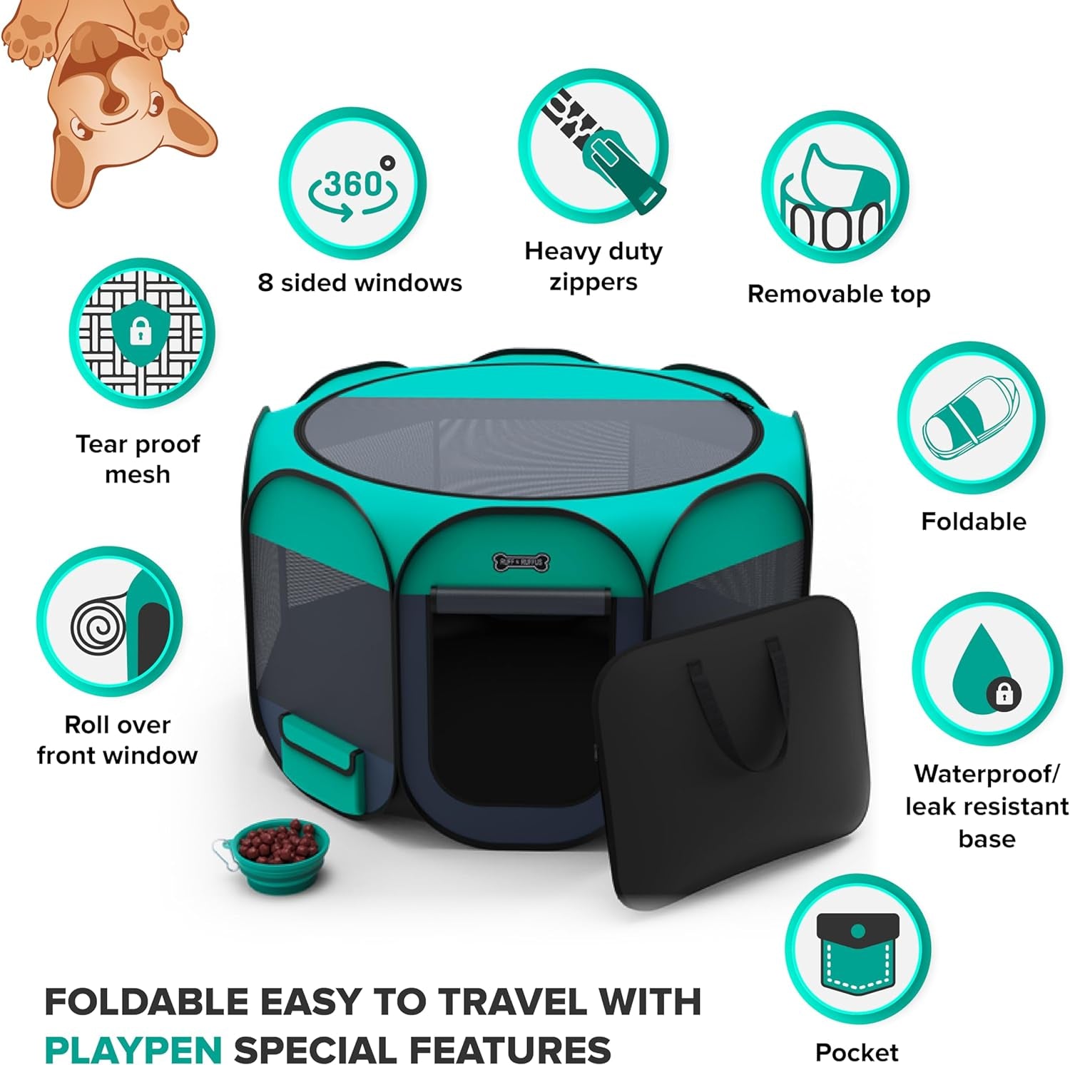 Ruff 'N Ruffus Portable Foldable Pet Playpen + Carrying Case & Collapsible Travel Bowl | Indoor/Outdoor Use | Water Resistant | Removable Shade Cover (Medium)