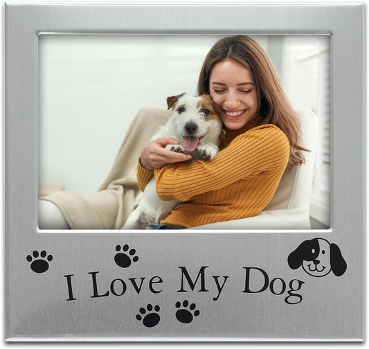 MIMOSA MOMENTS Metal Pet 5X3 Picture Frame Saying I Love My Dog with Paw Print