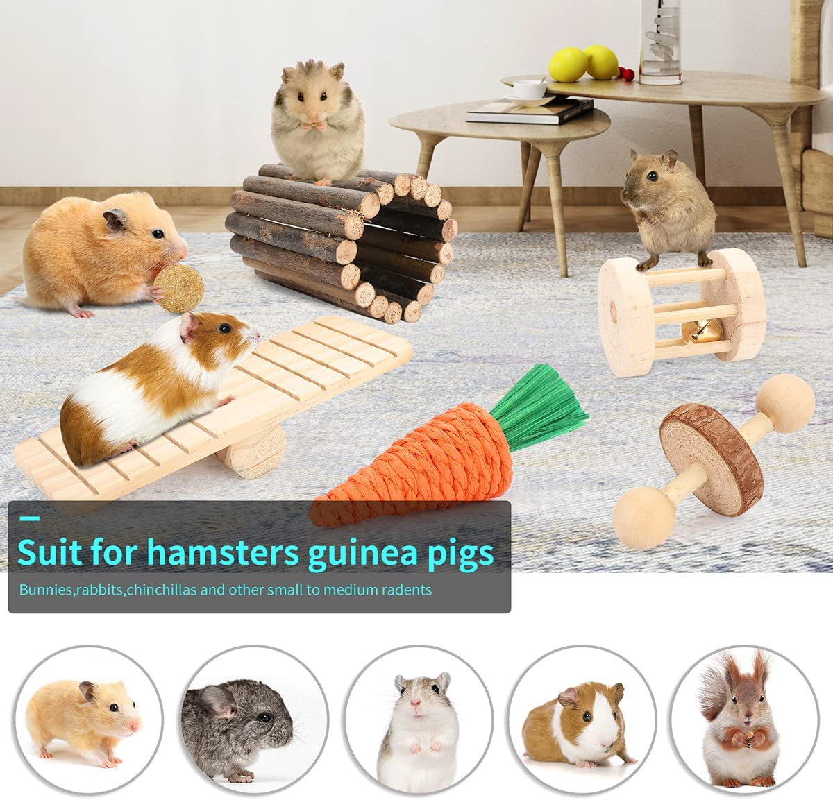 Hamster Cage Accessories, 12 Different Chew Toys for Guinea Pig, Chinchillas, Gerbils, Mice, Rats, Mouse, Rabbit, Bunny Hideout Seesaw, Natural Molar Tools