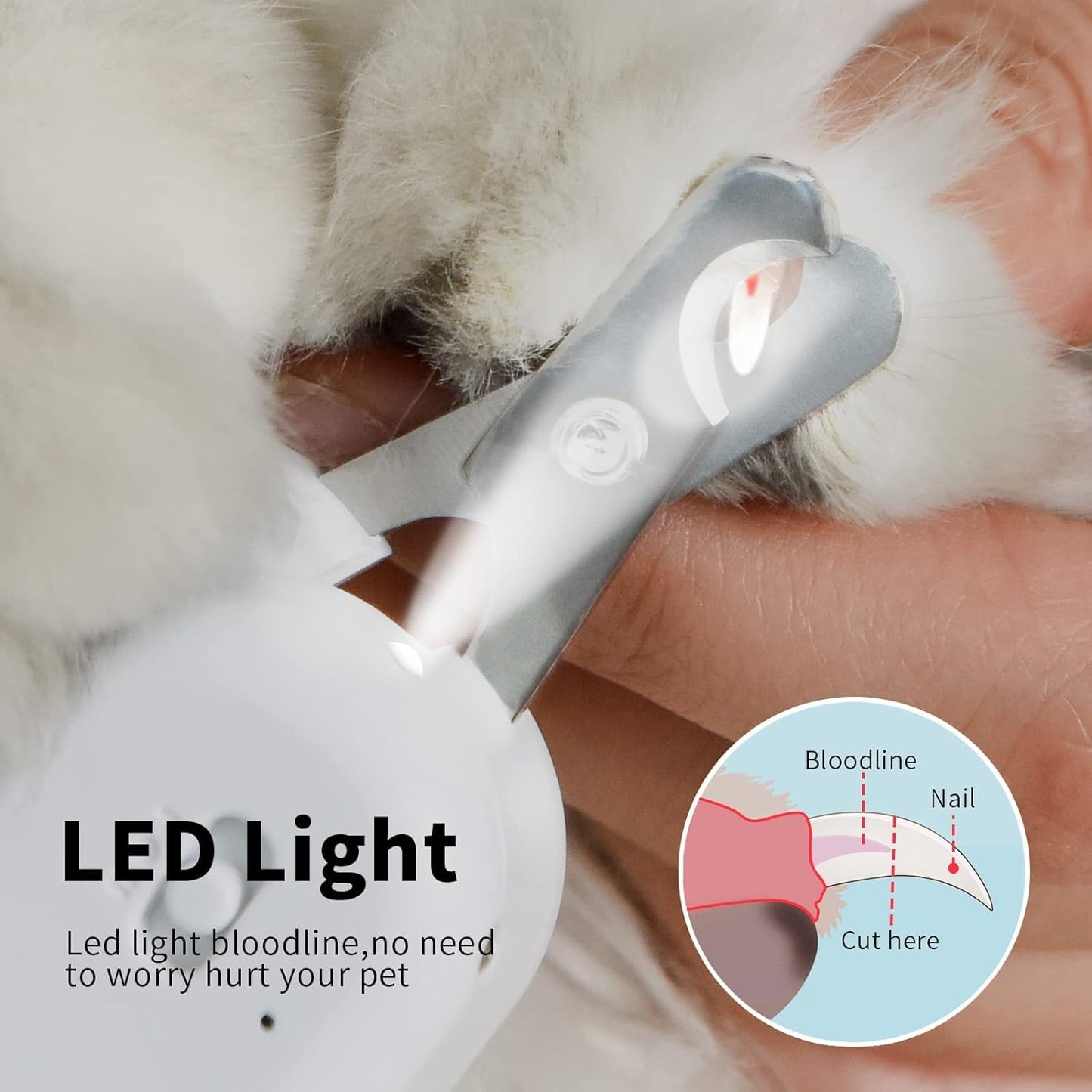 PAKEWAY Pet Nail Clipper with LED & -U-V Light, Cat Claw Trimmer with Ultra Bright LED Light for Nail Bloodline to Avoid over Cutting, Sharp Angled Blade Grooming Tool for Dog Cat Rabbit Small Animals