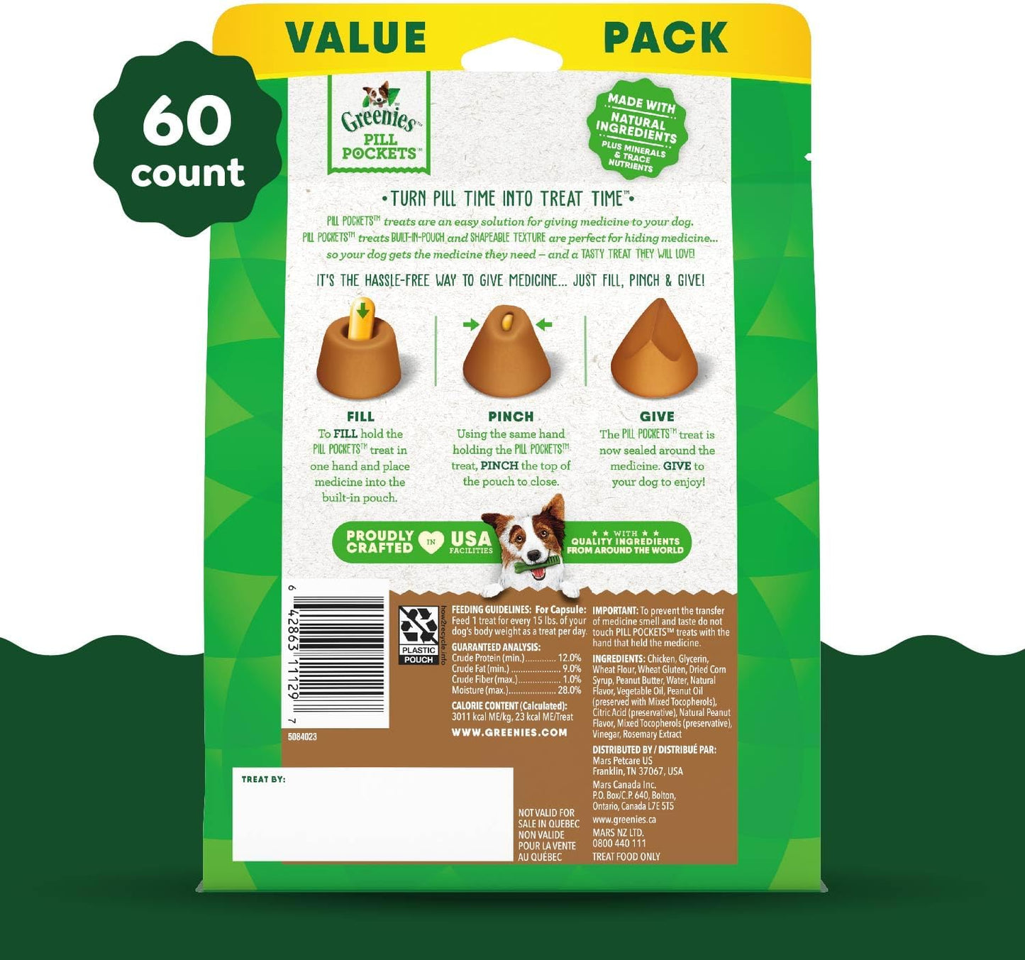 GREENIES PILL POCKETS for Dogs Capsule Size Natural Soft Dog Treats with Real Peanut Butter, 15.8 oz. Pack (60 Treats)