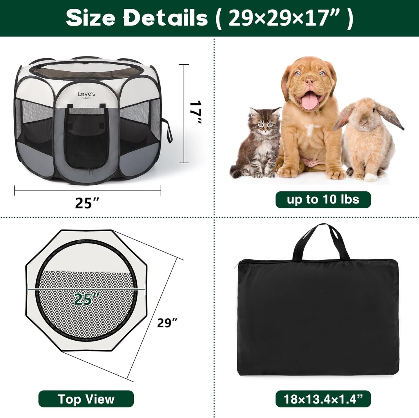 Love'S Cabin Pet Puppy Dog Playpen, Medium Dog Tent Crates Cage Indoor/Outdoor, Portable Exercise Playpen for Dog and Cat, Foldable Pop up Dog Kennel Playpen with Carring Case (M, Green)