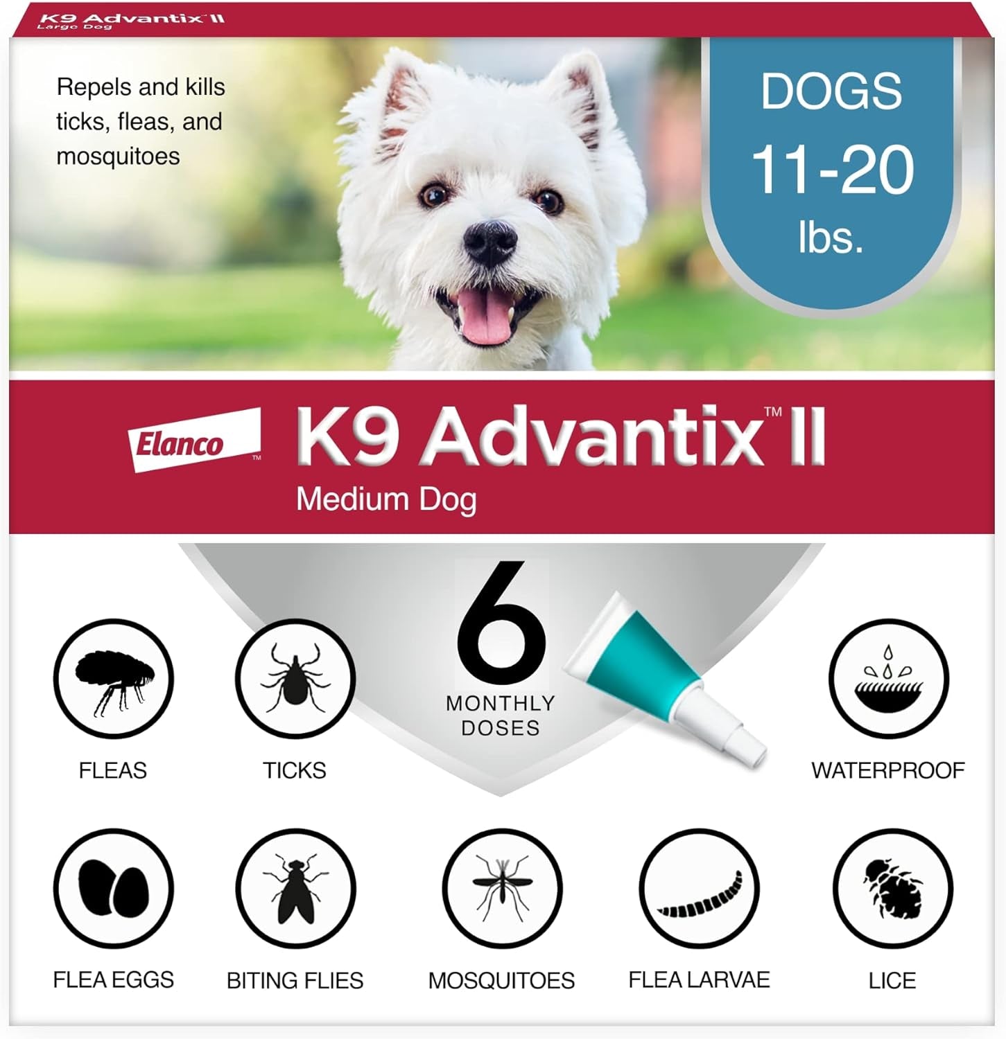 K9 Advantix II Medium Dog Vet-Recommended Flea, Tick & Mosquito Treatment & Prevention | Dogs 11-20 Lbs. | 6-Mo Supply