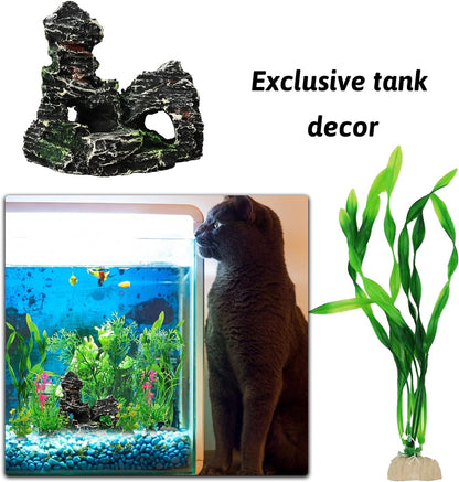 Fish Tank Accessories Aquarium Decorations Plants, 9pcs Green Fish Tank Decorations Plants and Cave Rock Decoration Decor Set, Aquarium Decor Plastic Plants