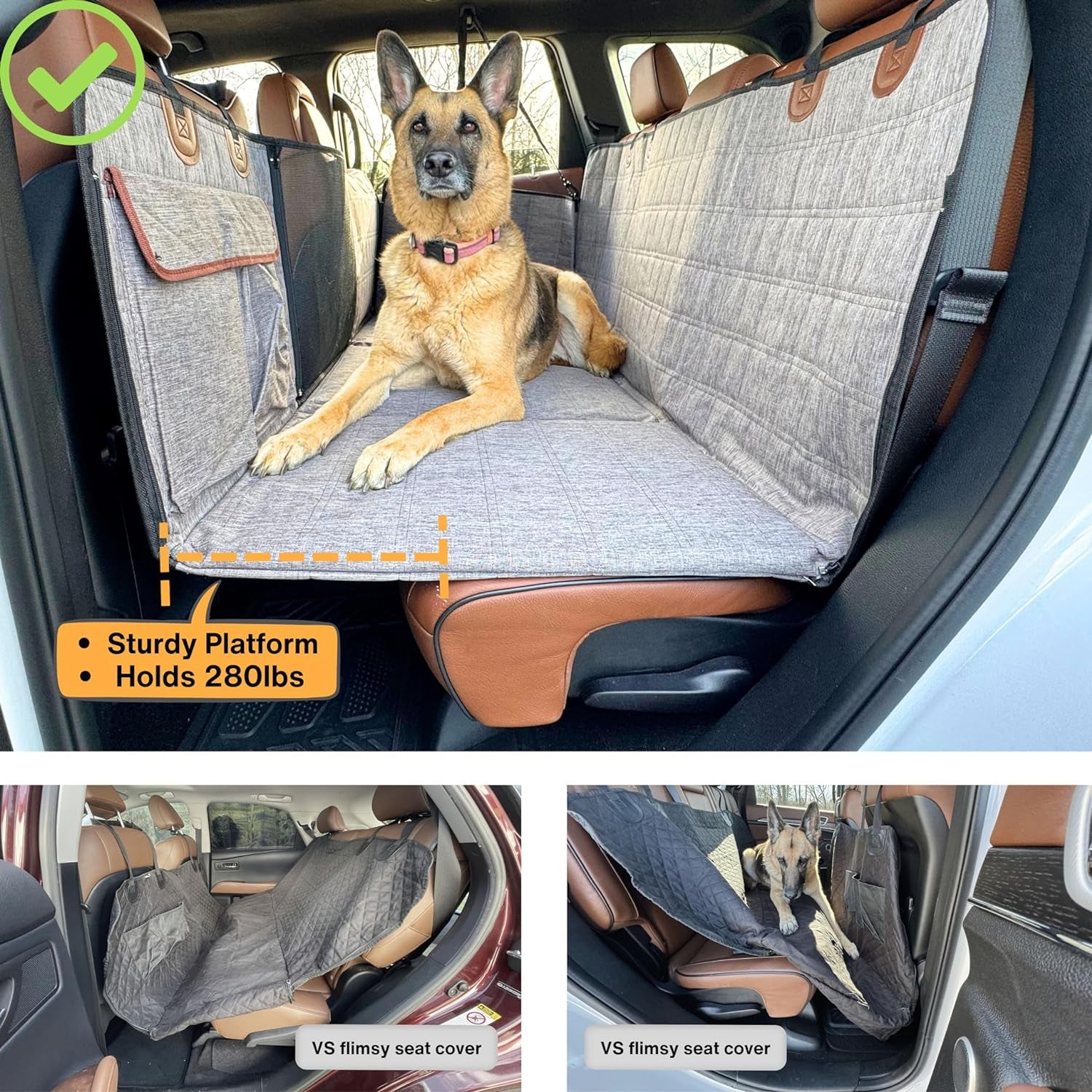 Backseat Extender for Dogs, 100% Waterproof Hard Bottom Dog Car Seat Cover, Seat Extender with Mesh Window and Storage Pockets, Truck SUV Car, Travel Bed