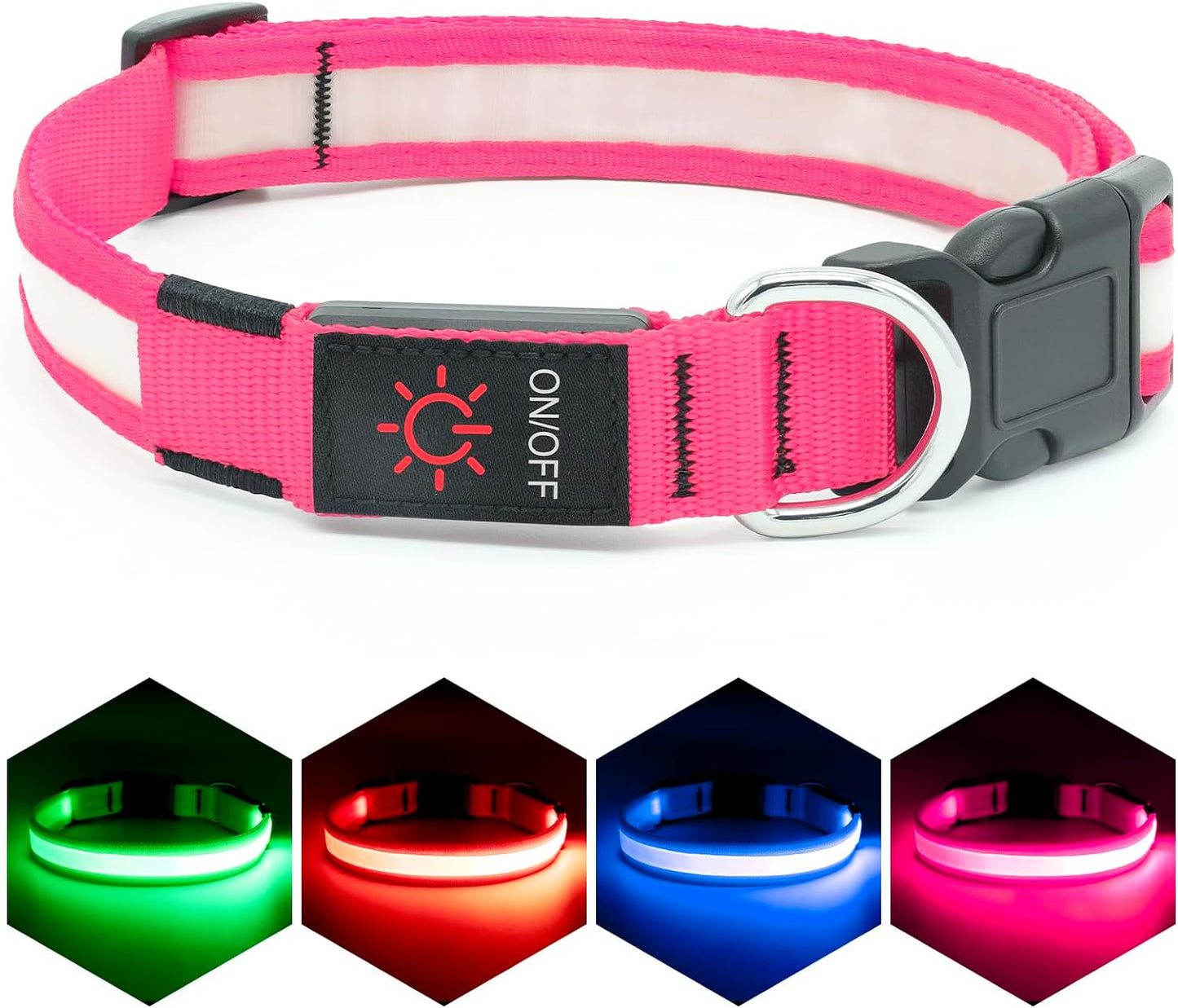 LED Dog Collar, Light up Dog Collar Adjustable USB Rechargeable Super Bright Safety Light Glowing Collars for Dogs (Medium, Pink)