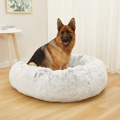 Bedfolks Calming Donut Dog Bed, 45 Inches Round Fluffy Dog Beds for Extra Large Dogs, Anti-Anxiety Plush Dog Bed, Washable Pet Bed with Non-Slip Bottom (Light Grey, Extra Large)