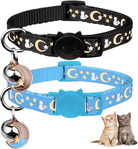 2PCS Breakaway Cat Collars with Bell Cute Kitty Glow in the Dark Adjustable Kitten Collars with Pendant(Black&Sky Blue)