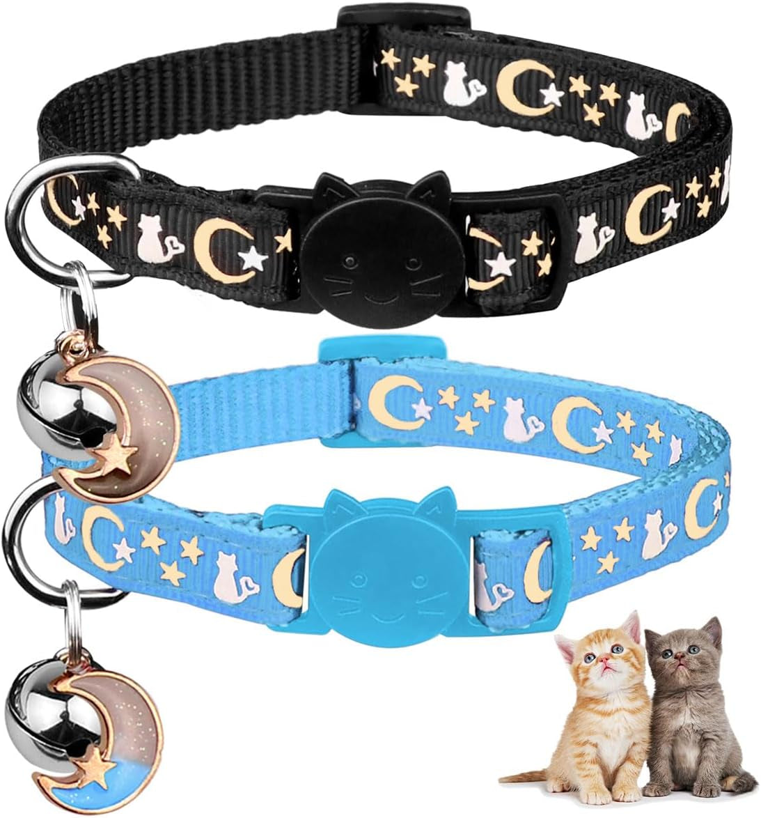 2PCS Breakaway Cat Collars with Bell Cute Kitty Glow in the Dark Adjustable Kitten Collars 7.9-13.0 Inch(Sky Blue&Black)