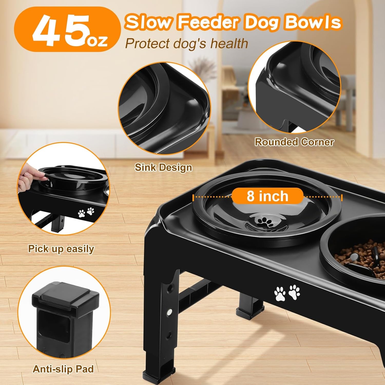 Elevated Dog Bowls, 2-in-1 Dog Feeder with Slow Feeder Dog Bowls & No Spill Dog Water Bowl, 4 Heights Adjustable Raised Dog Bowl Stand Non-Slip & Anti-Dust Dog Food Bowl for Medium Large Dogs, Black