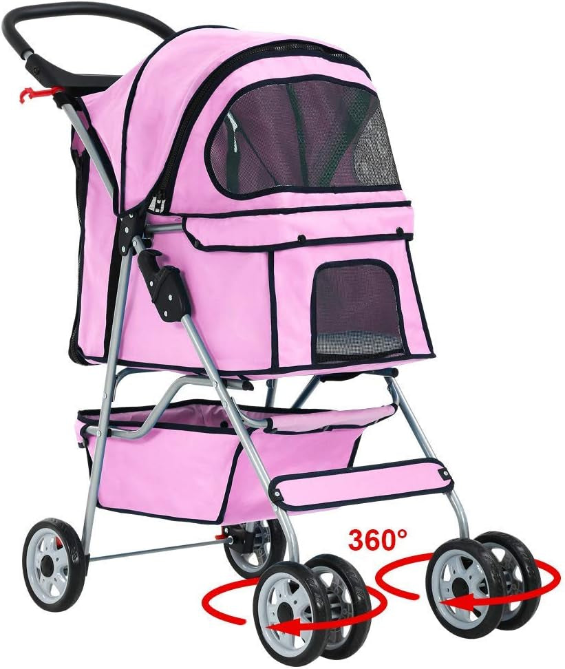 Bestpet Pet Stroller Cat Dog Cage Stroller Travel Folding Carrier,Pink