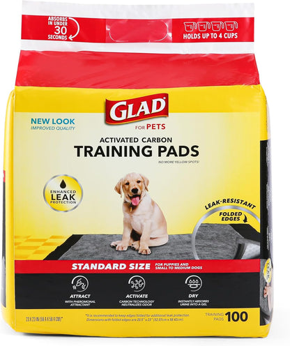 Glad for Pets Black Charcoal Training Pads for Dogs - Super Absorbent & Odor Neutralizing Dog Potty Pads, Leak-Resistant Puppy Pee Pads, Pheromone Attractant for Easy Training, 23" X 23" - 100 Count