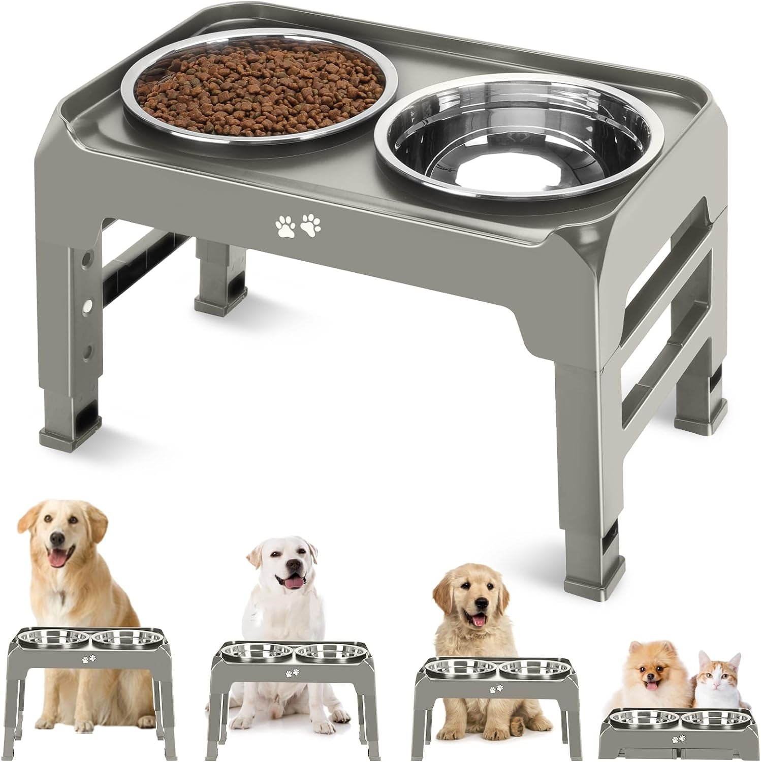 Elevated Dog Bowls, 4 Height Adjustable Raised Dog Bowl Stand with 2 Thick 50Oz Stainless Steel Dog Food Bowls Non-Slip Dog Feeder for Dogs Adjusts to 3.7", 9.2", 10.75", 12.36" Light Brownish Gray