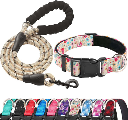 Reflective Dog Collar Padded with Soft Neoprene Breathable Adjustable Nylon Dog Collars for Small Medium Large Dogs (Small (Pack of 1), Vanila/Pink Floral Collar+Leash)