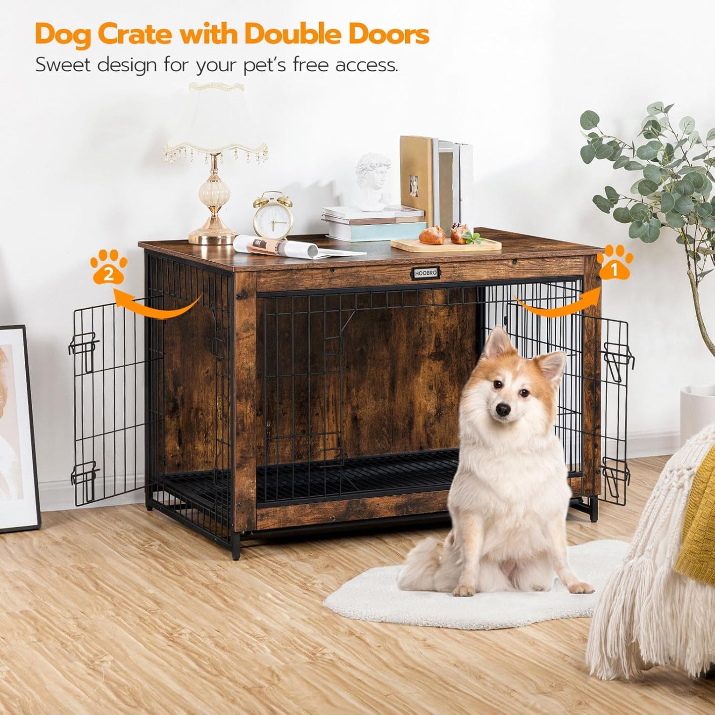 Dog Crate Furniture, 38.6" Large Dog Kennel Indoor, Wooden Dog Crate with Pull-Out Tray, Double Doors Dog House, Modern Side End Table for Small/Medium/Large Dog, Rustic Brown BF982GW03G1