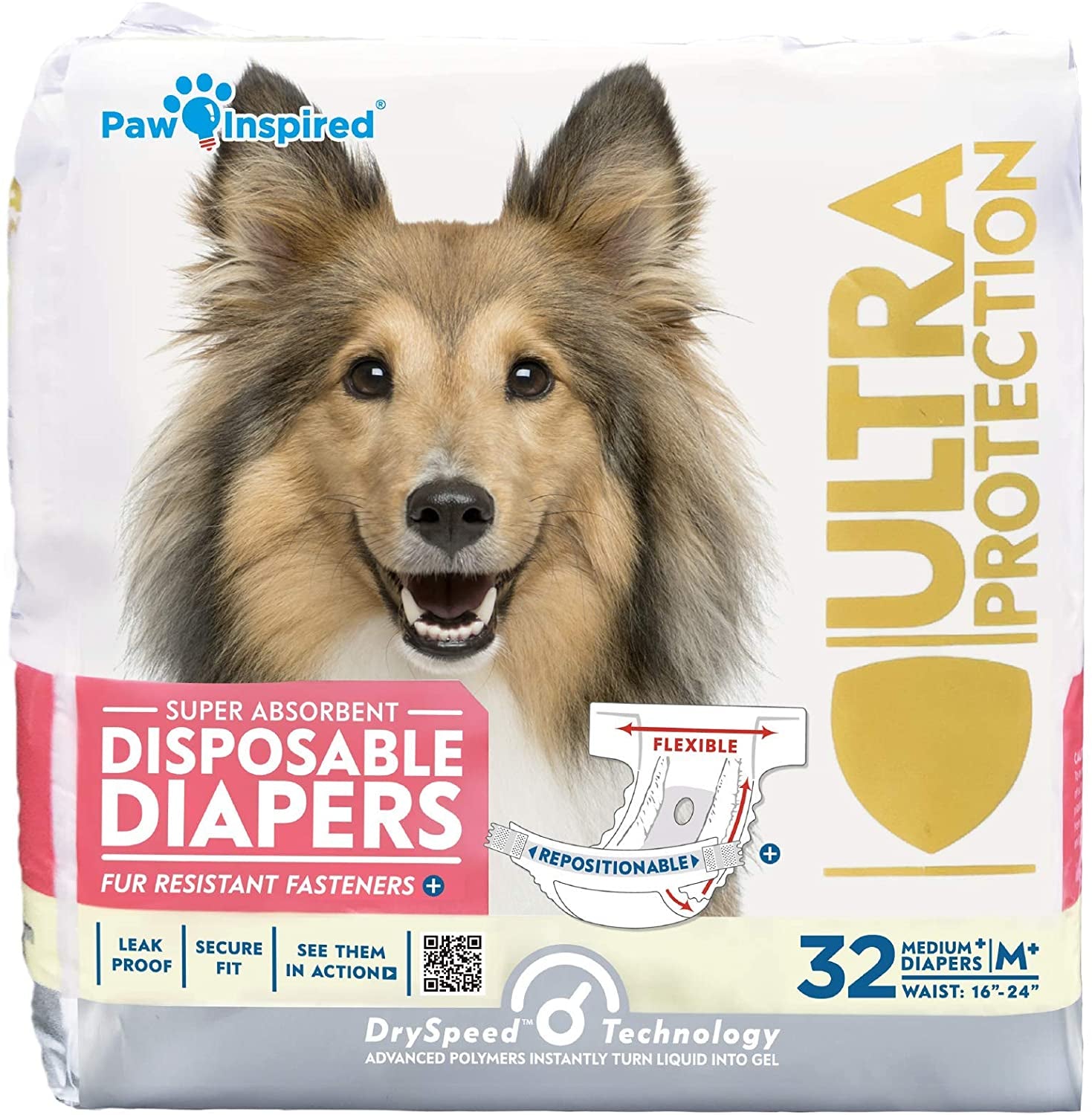 Paw Inspired Disposable Dog Diapers | Female Dog Diapers Ultra Protection | Diapers for Dogs in Heat, Excitable Urination, or Incontinence (Medium plus (32 Count))